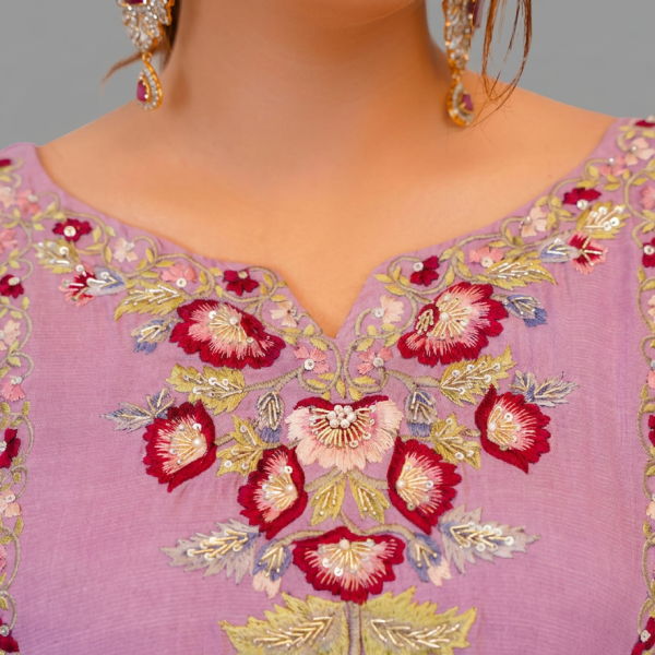 Embroidered Silk Suit with Contrast Organza Dupatta