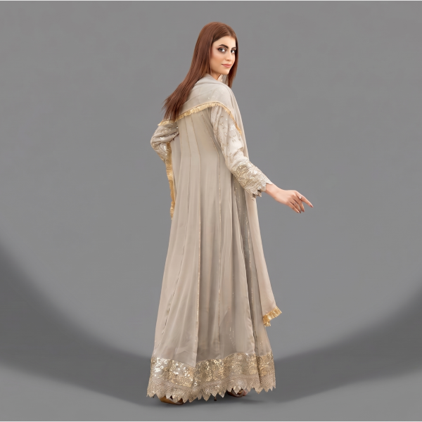 Manahil Embroidered Antique Silver 3-Piece Festive Organza Gown Set