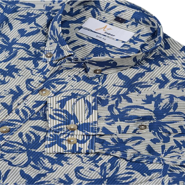 Blue Leaf Printed Stripes Casual Shirt