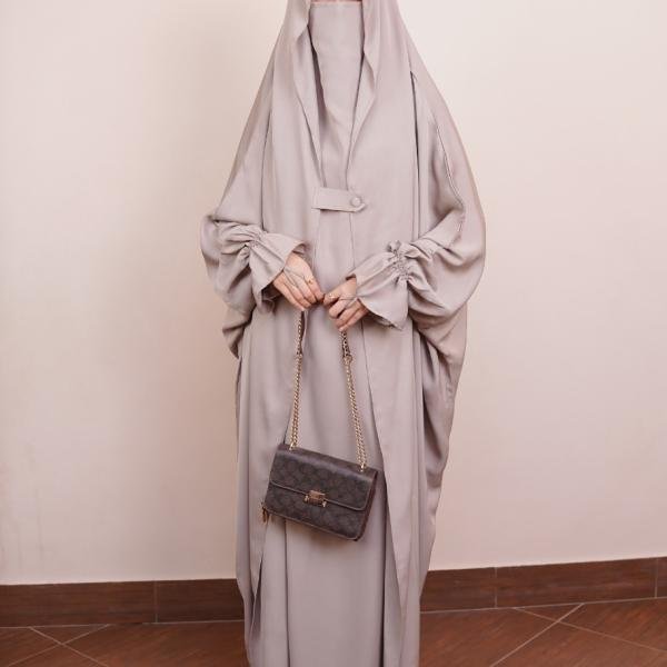 Ruffled Cuff Hooded Jilbab – Parisian Taupe Two-Piece Set