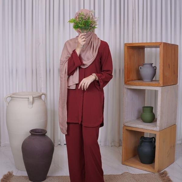 Deep Maroon Modest Button-Down Co-ord Set